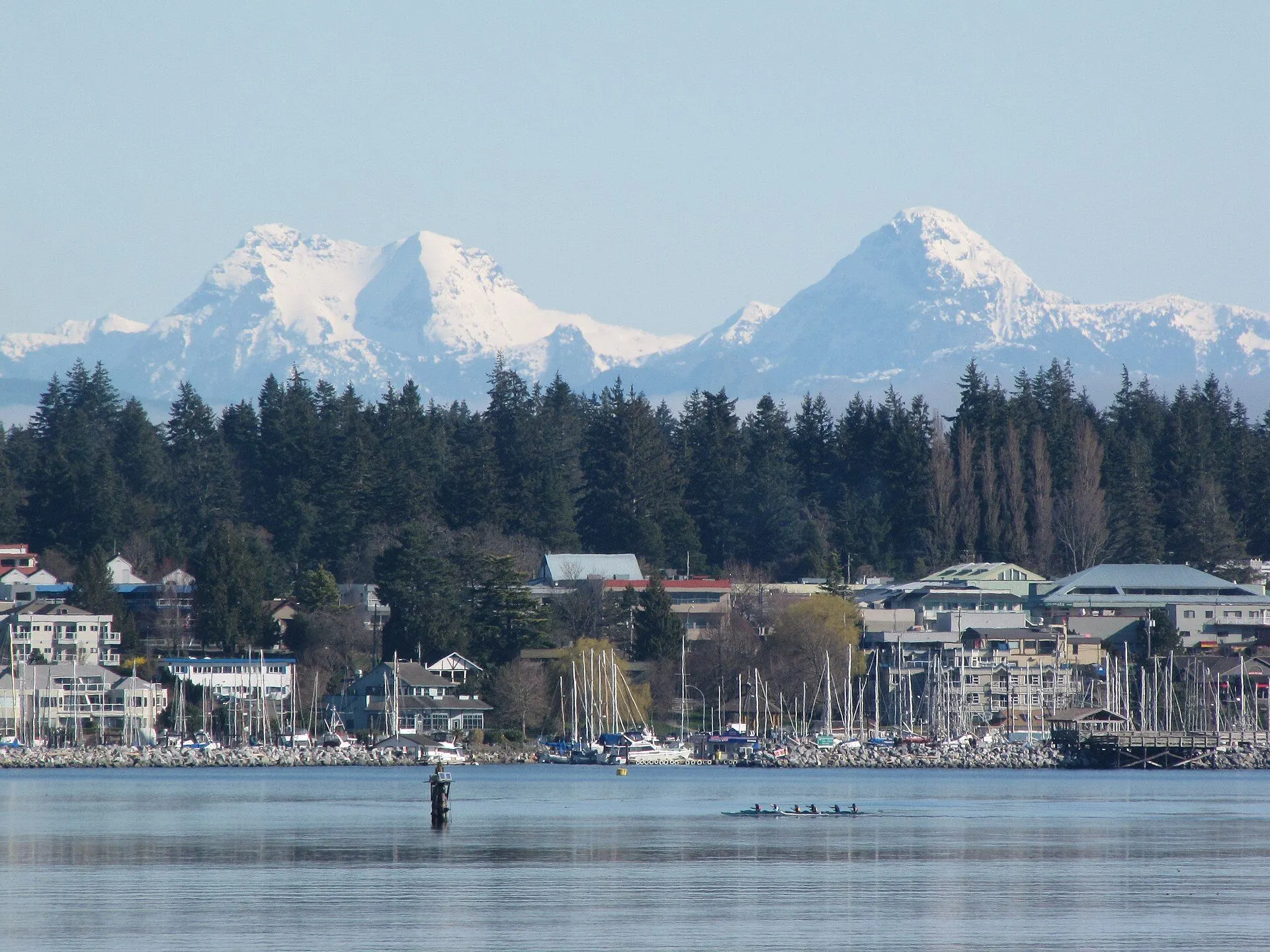 Comox Harbour and the marina with the glacier behind